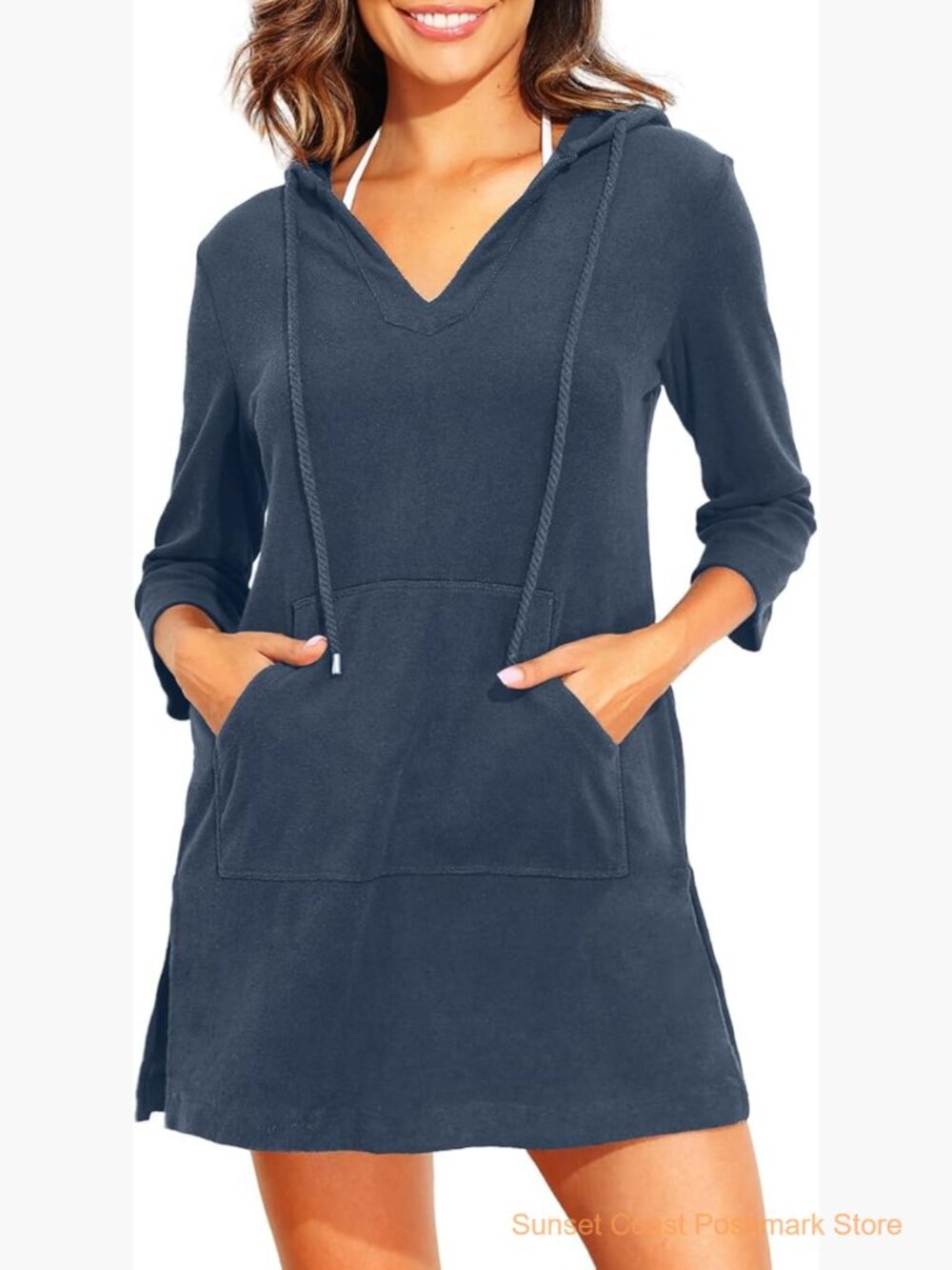 Terry Cloth Hooded Swim Cover Up Long Sleeve with Pocket